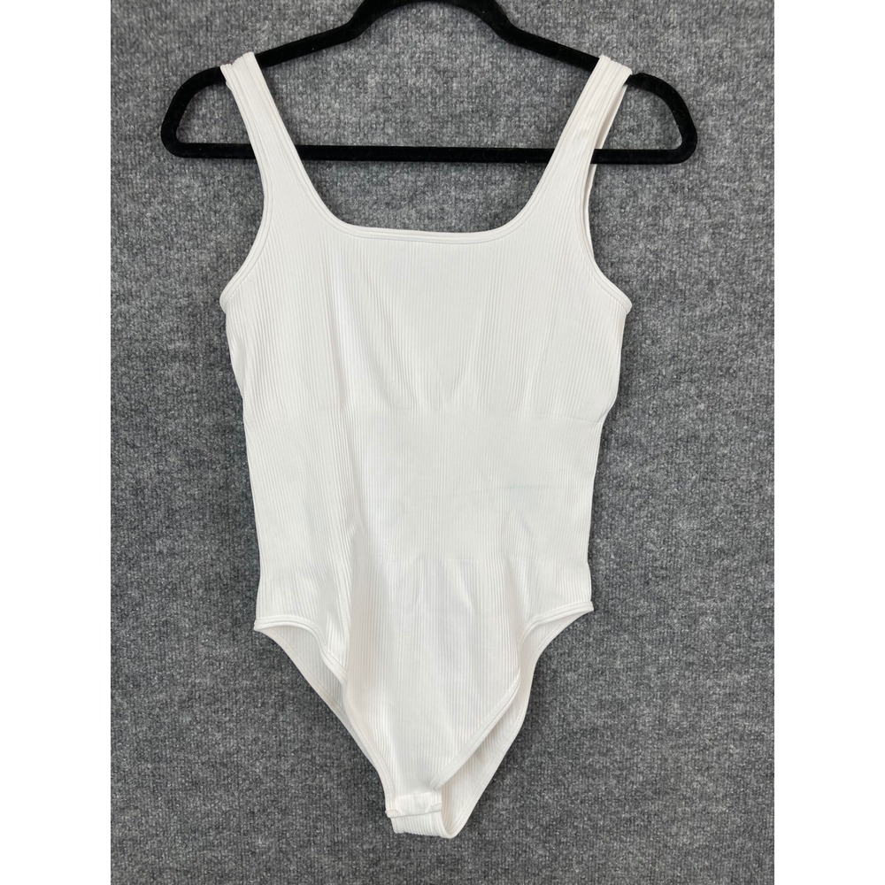 Unbranded Ribbed Bodysuit Women L White Excellent Square Neck Snap Crotch Tank